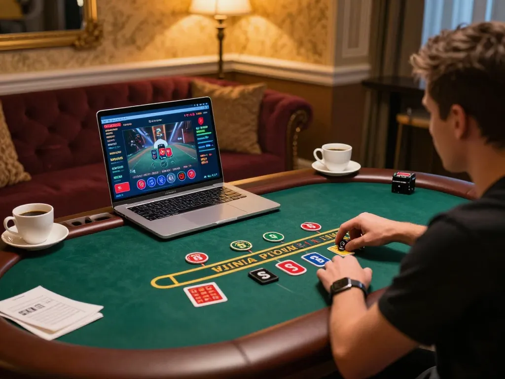 Player enjoying live dealer blackjack at home with HITCLUB branding and detailed gaming setup.