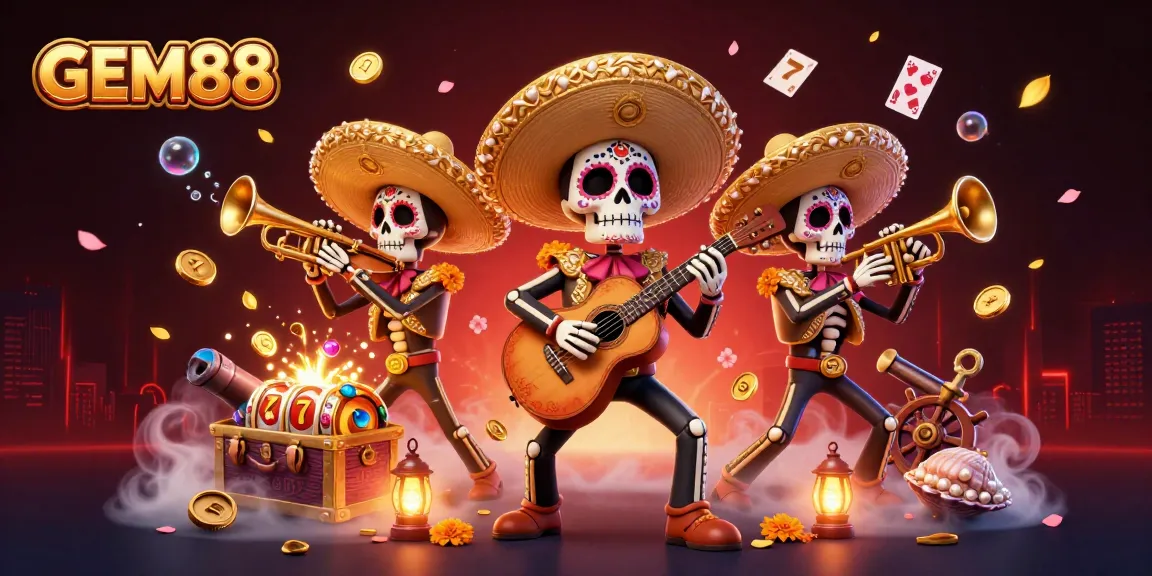 Experience GEM88's vibrant gaming world with a scenic depiction of an exciting mariachi band amidst a treasure-filled casino atmosphere.