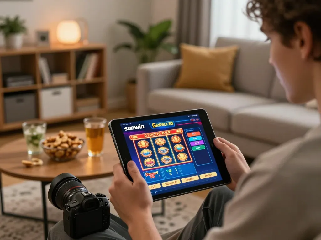 Person engaging with the sunwin app for online casino gaming on a tablet in a cozy setting
