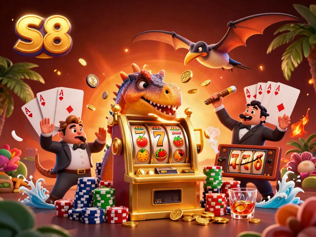 S8 showcases a pachycephalosaurus hitting a golden slot machine as coins fly, illustrating the casino excitement.