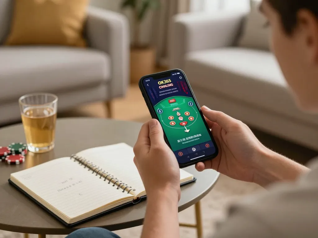 Engaging player using OK365 app for live dealer blackjack game on smartphone in cozy home setting.