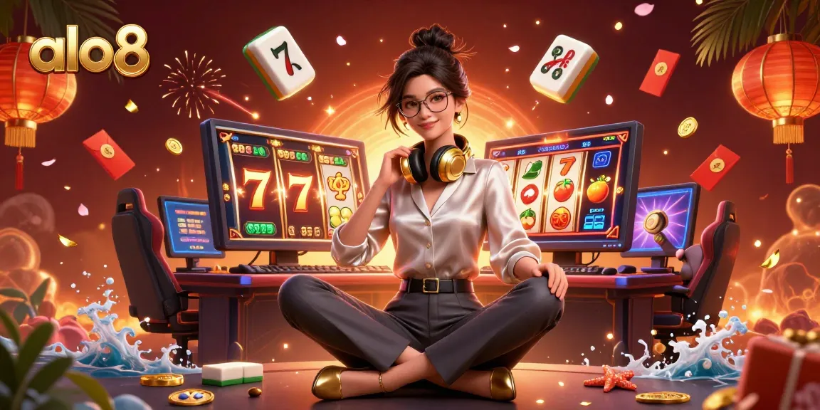 Engage with alo8's thrilling gaming experience featuring vibrant casino elements and a stylish gaming setup.