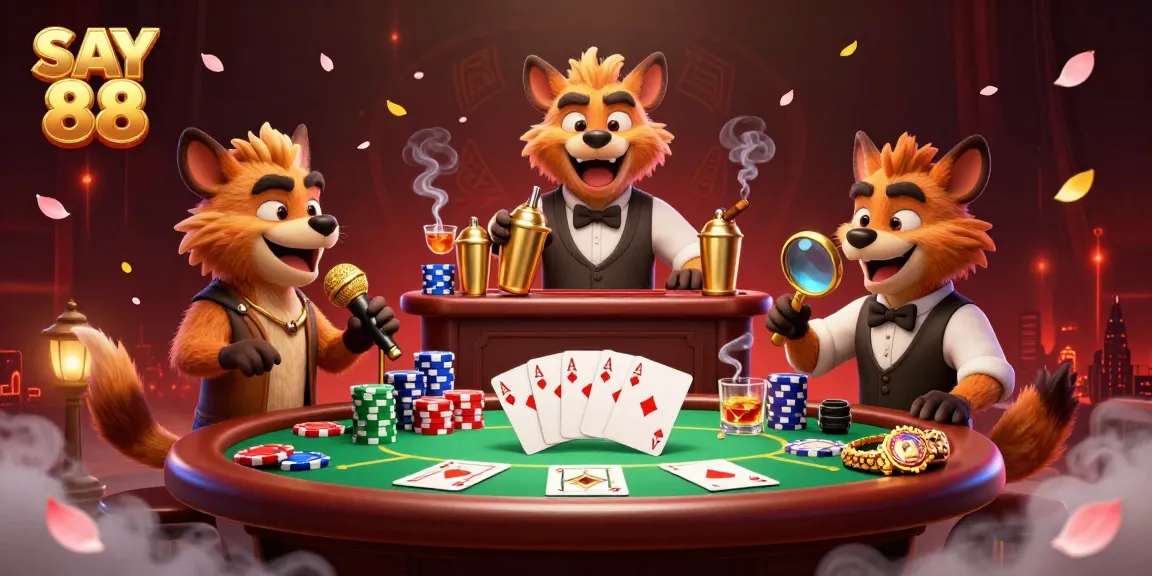 Engage with the lively comedy casino scene of SAY 88, featuring hyenas as bartenders, comedians, and bouncers in action.