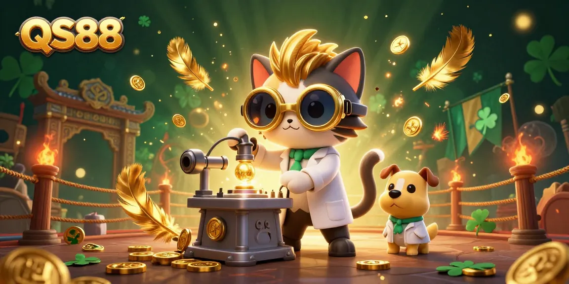 Engage in thrilling gaming experiences with QS88, featuring a mad scientist and his dog in a vibrant casino lab scene.