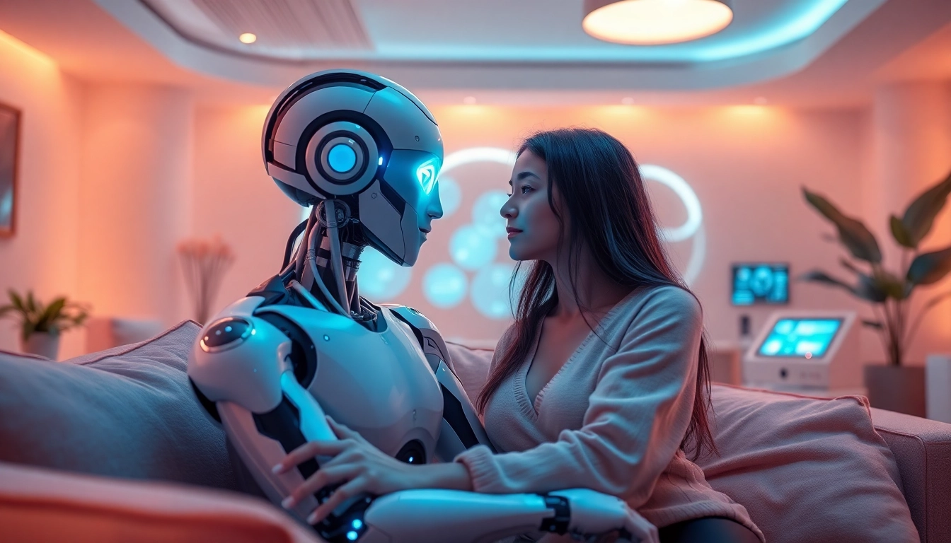 Engaging scene of a humanoid AI sex bot interacting intimately, fostering a friendly atmosphere.