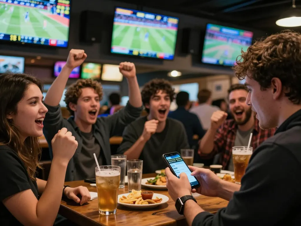 Join the excitement of sports betting with DU88 using a smartphone app in a bustling venue