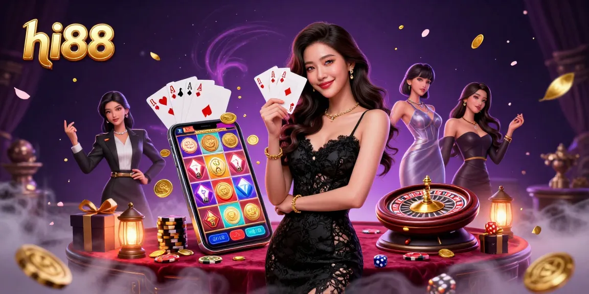 Engage in exciting gaming at hi88 with an elegant casino scene showcasing vibrant slot and card elements.