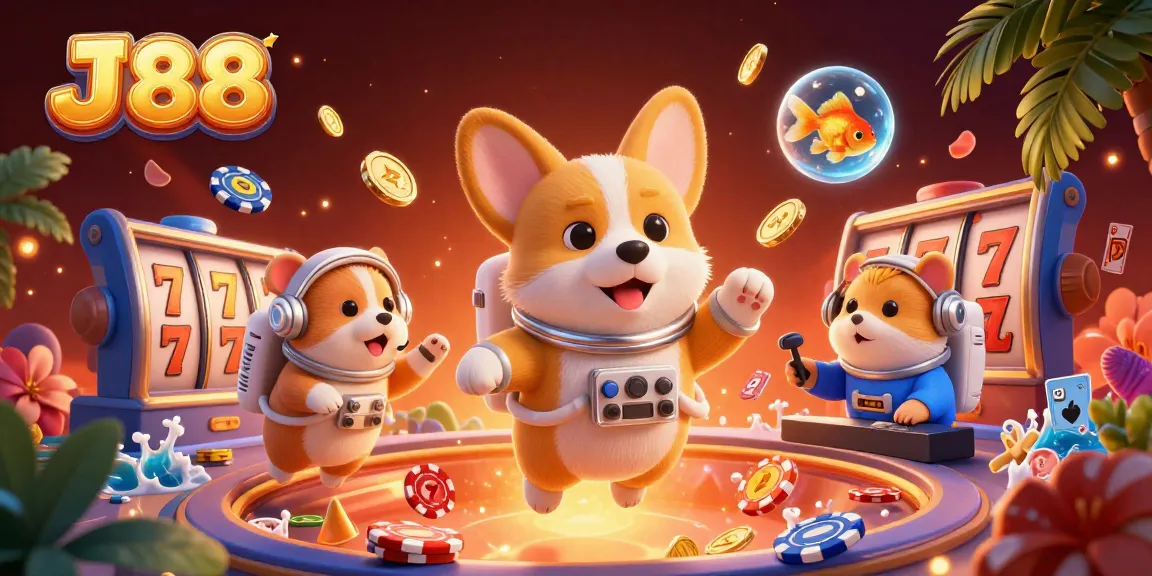 Join the fun at J 88 casino with a floating astronaut corgi and vibrant gaming elements.
