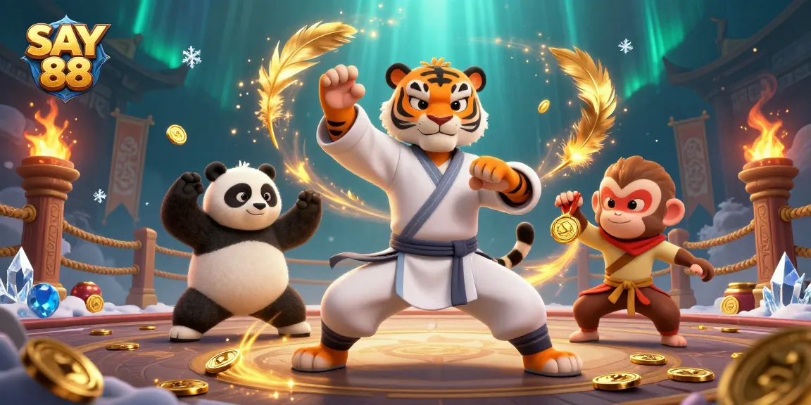 SAY 88 showcases a dynamic 3D scene with kung fu characters and casino elements, emphasizing excitement.