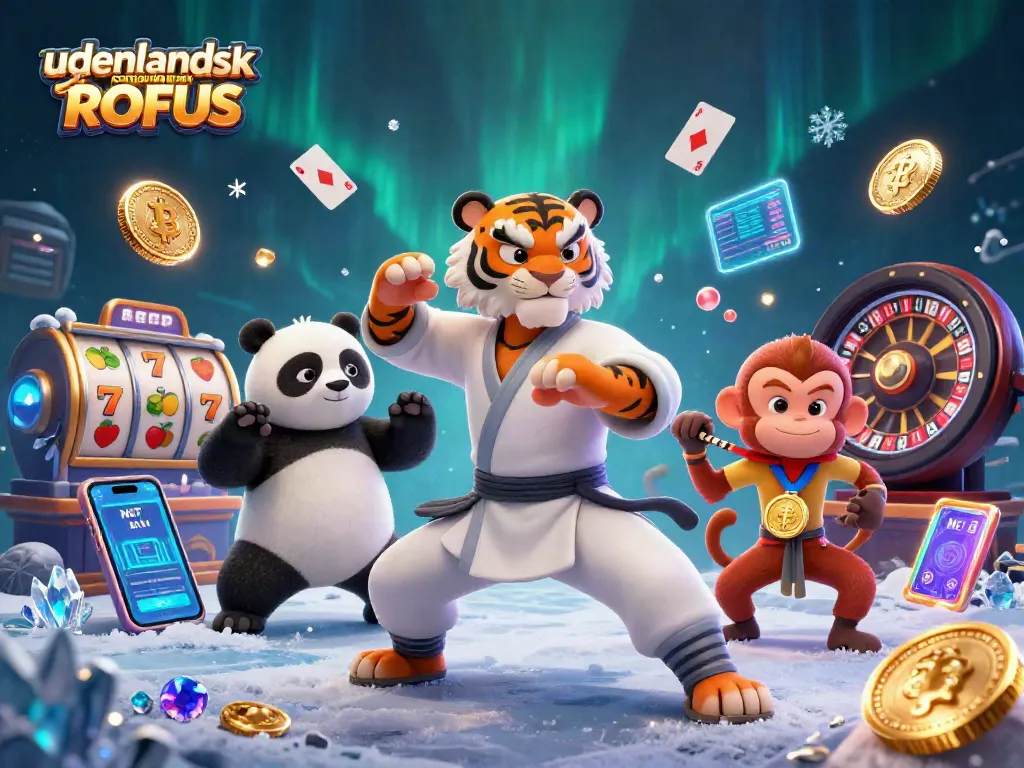 Join the action at udenlandsk casino uden ROFUS, featuring a dynamic 3D scene with a kung fu tiger master and vibrant casino elements.