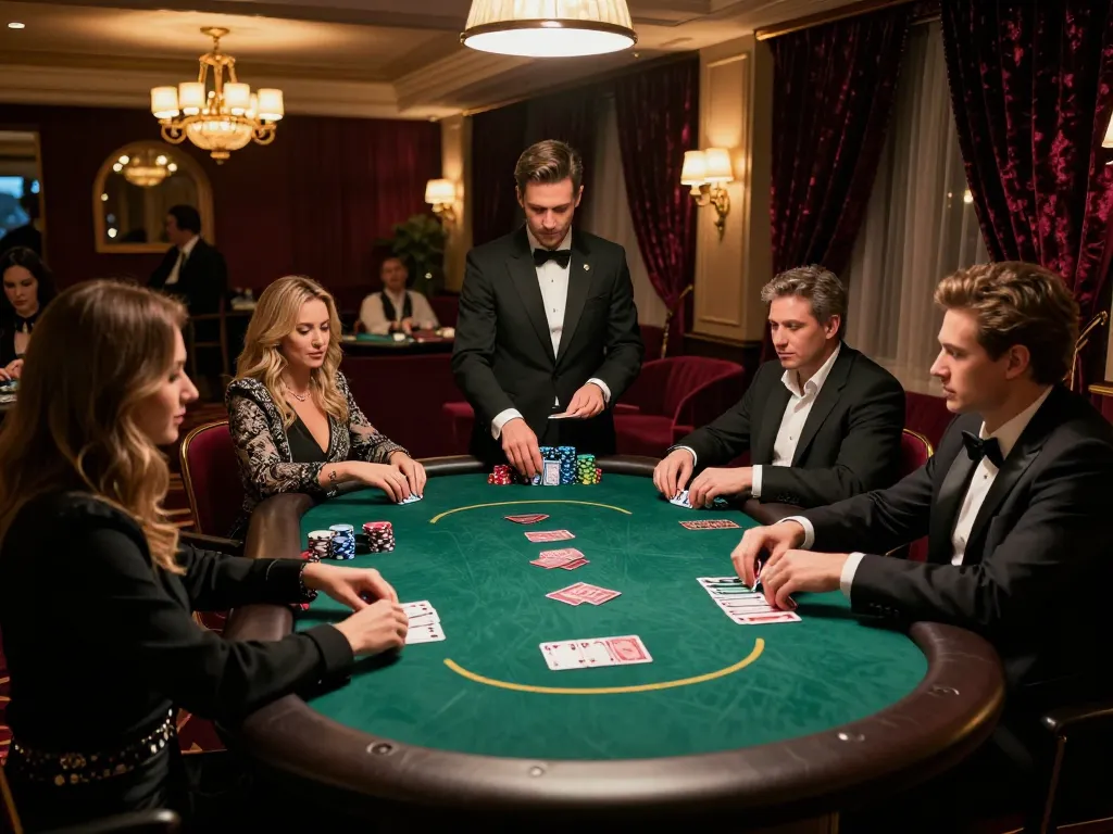 Players engaging in a strategic poker game at 23win.com casino, under warm ambient lighting.
