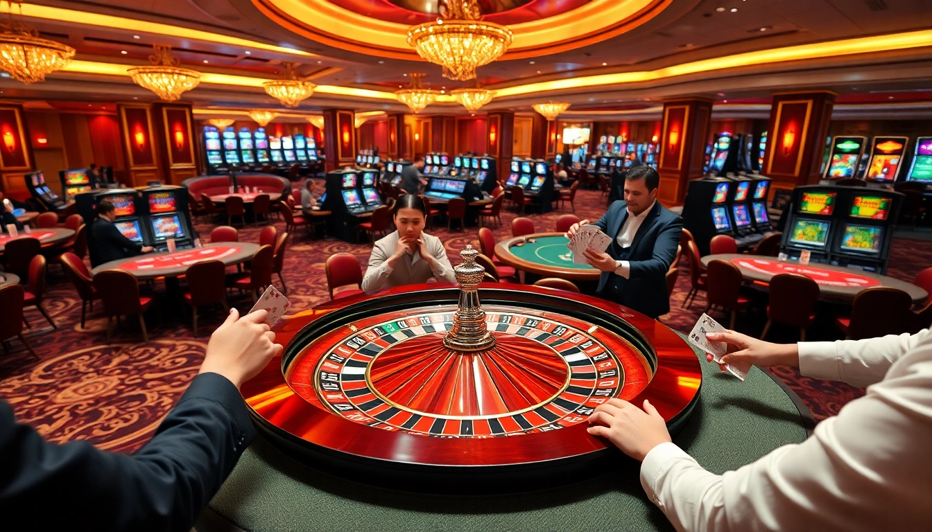 Engage in a thrilling gg88 gaming experience at an opulent casino with vibrant tables and slot machines.