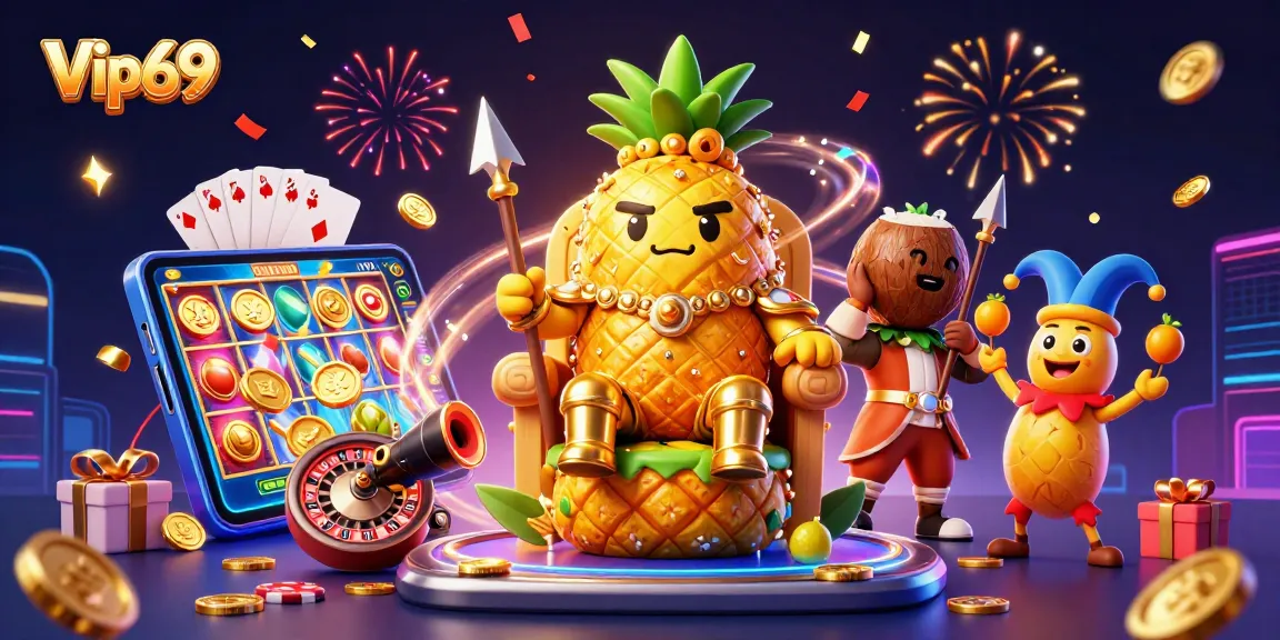 Spin the reels with Vip69's vibrant casino characters and games, featuring a golden pineapple king amidst dazzling action.