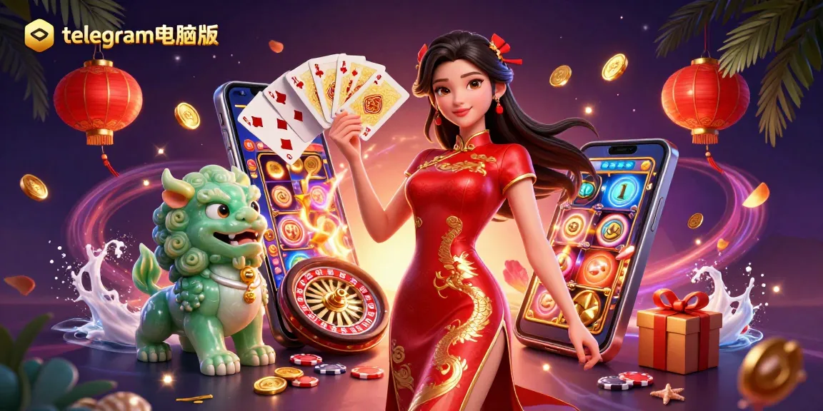 通过telegram电脑版旋转并获胜,生动的插图展示了动态的赌场元素。