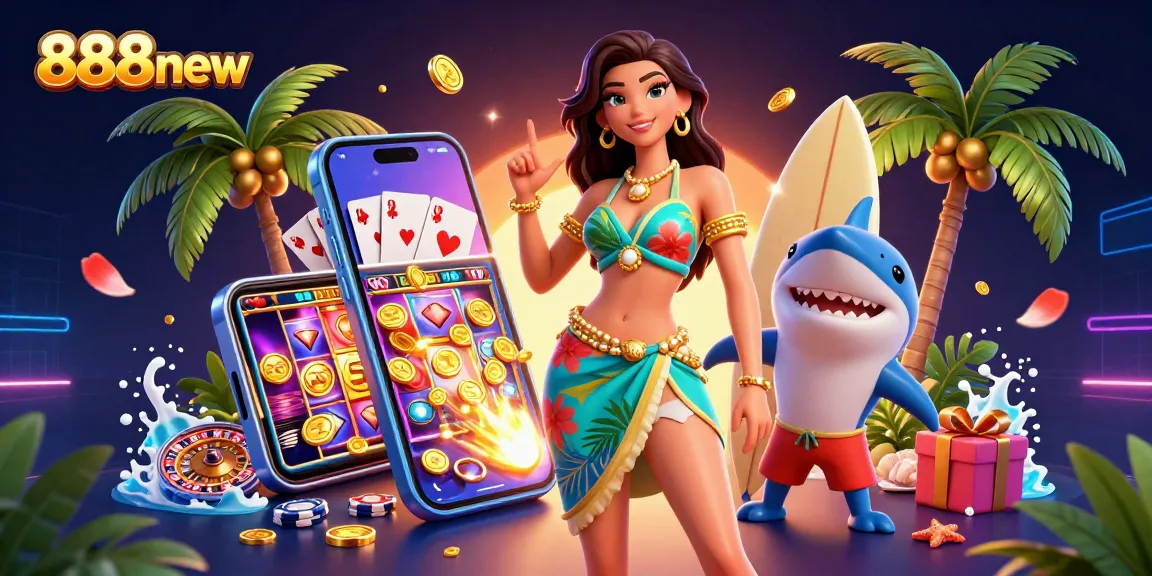 Engage with the vibrant world of 888new as a glamorous woman interacts with a cartoon shark amidst dynamic casino elements.