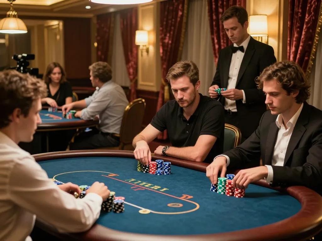 79KING players engaged at a high-stakes poker table in an upscale casino environment