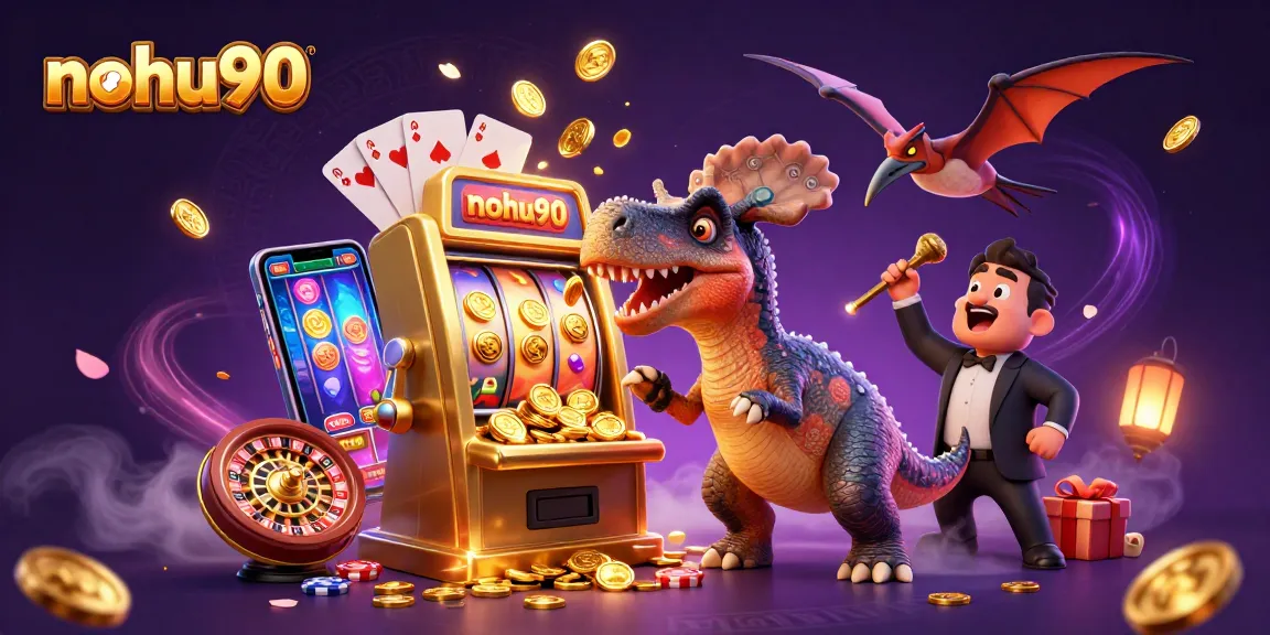 Nohu90 players enjoy big wins as characters interact with a golden slot machine and jackpots.