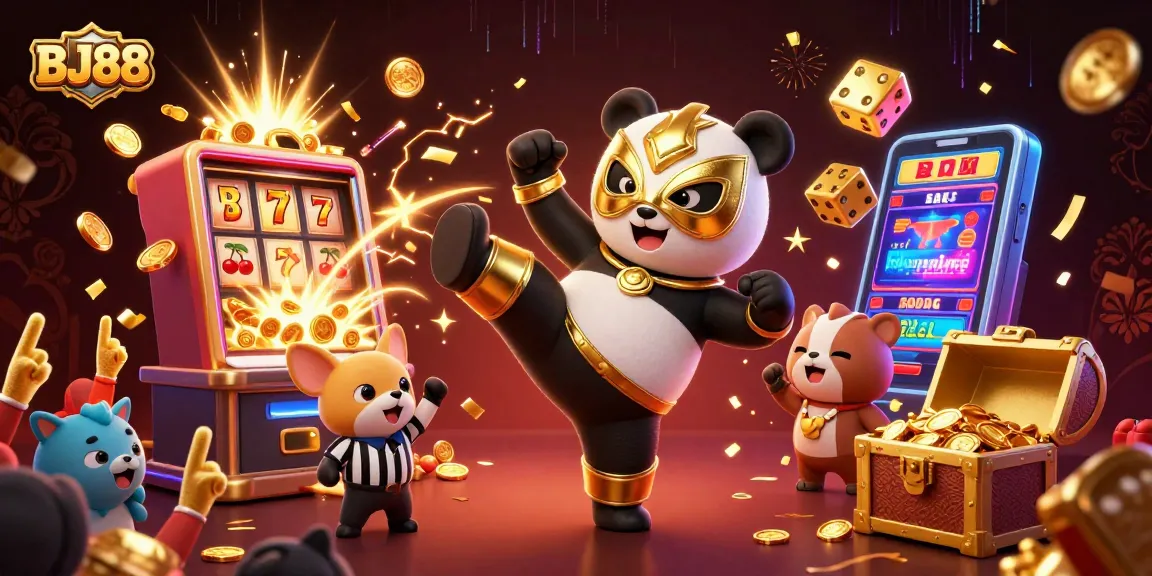 Join the excitement at BJ88 with a thrilling 3D illustration of a cartoon panda wrestler and a lively casino scene.