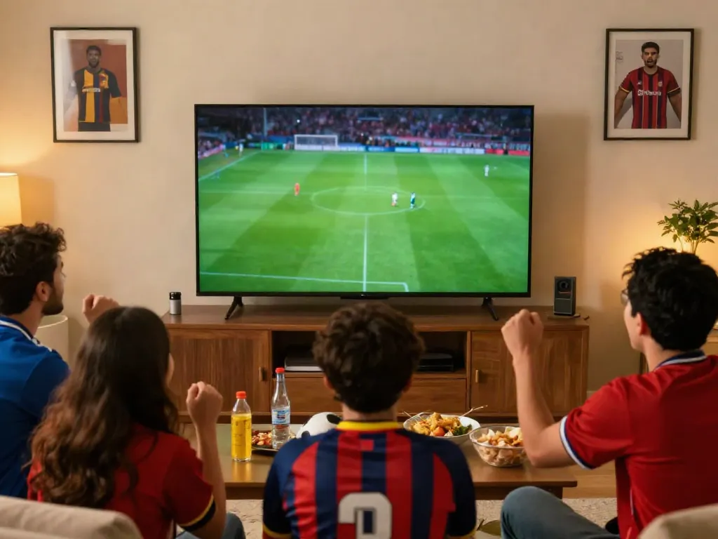Excited fans watching xôi lạc tv live football match in a vibrant living room.