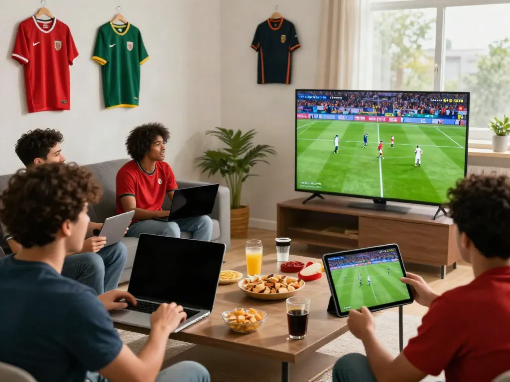 Fans engaging with thập cẩm tv while watching a live football match on various devices, showcasing the excitement of sports streaming.