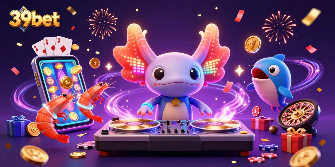 Play slots with 39bet in a vibrant underwater party featuring colorful characters and casino elements.