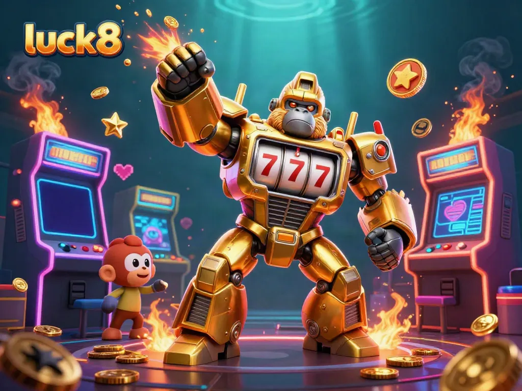 Experience luck8 excitement with our vibrant 3D casino illustration featuring a golden gorilla mech, arcade games, and dynamic prizes.