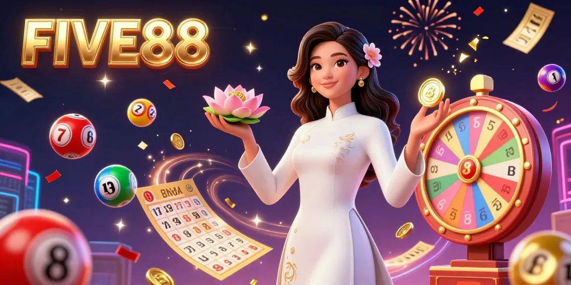 Join the excitement at FIVE88 with a vibrant illustration showcasing a graceful Asian woman amidst dynamic lottery elements and celebratory confetti.