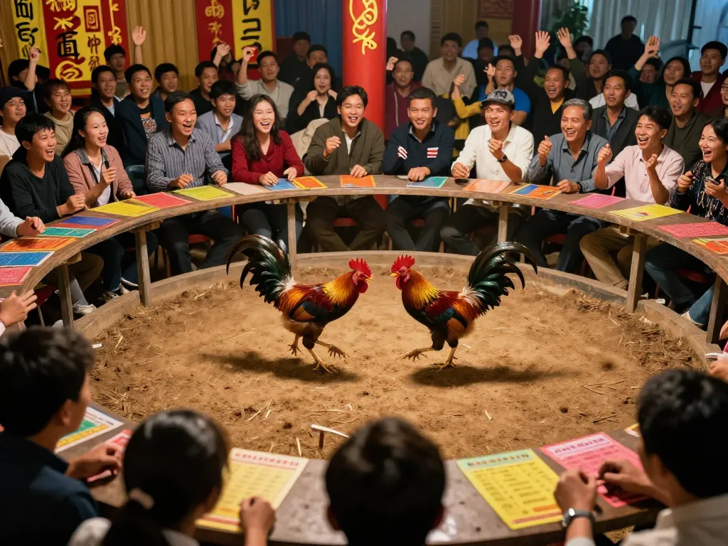 Exciting moment at sv368 đá gà arena, roosters fighting while spectators place bets.