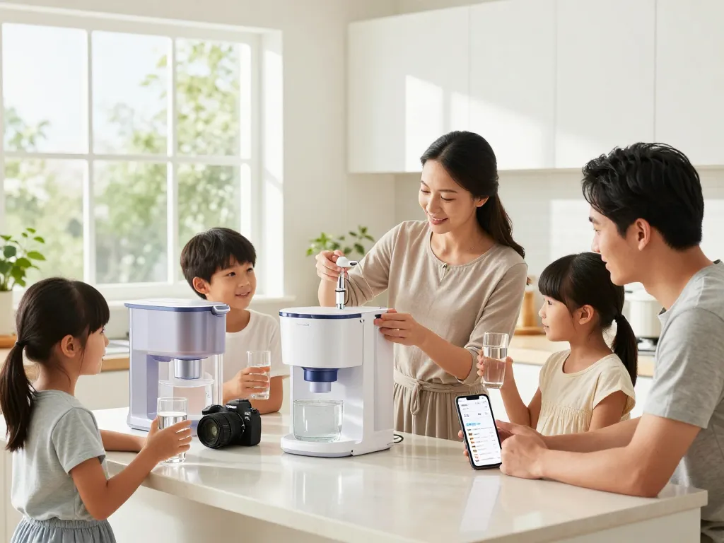 Familjer som utforskar alternativ för vattenfilter från https://vattenfilterspecialisten.se/vattenfilter/ i en modern köksmiljö.