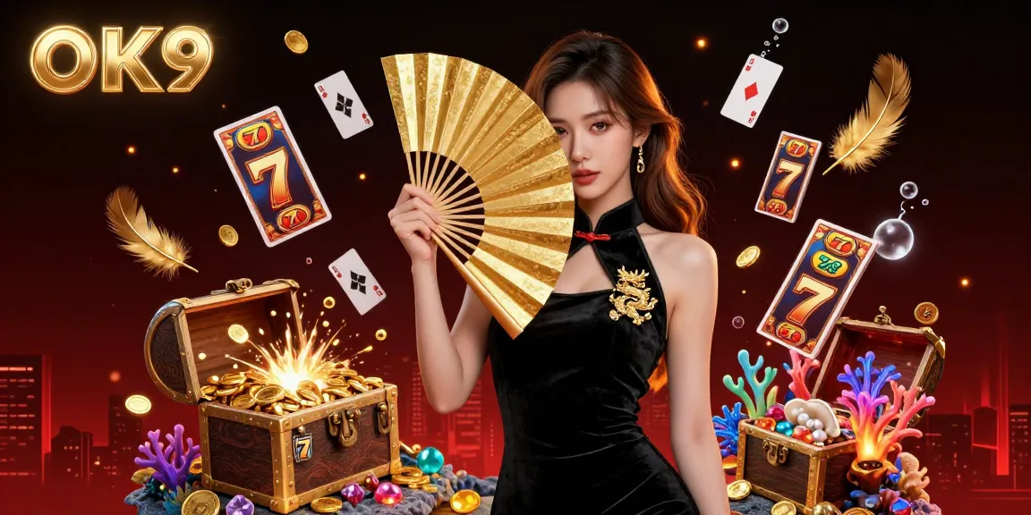 Experience the thrilling world at OK9 online casino with dynamic gaming elements and a stunning illustration.