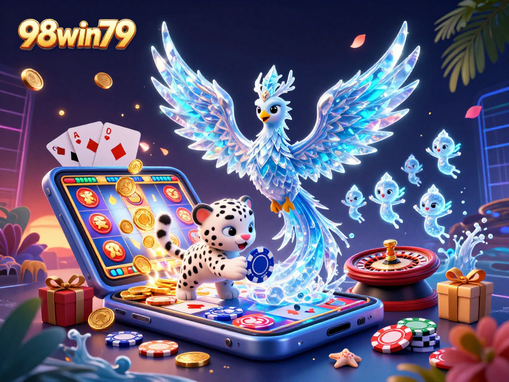 Experience exciting gaming with the striking visuals of 98win79's gaming environment featuring a 3D phoenix and poker elements.