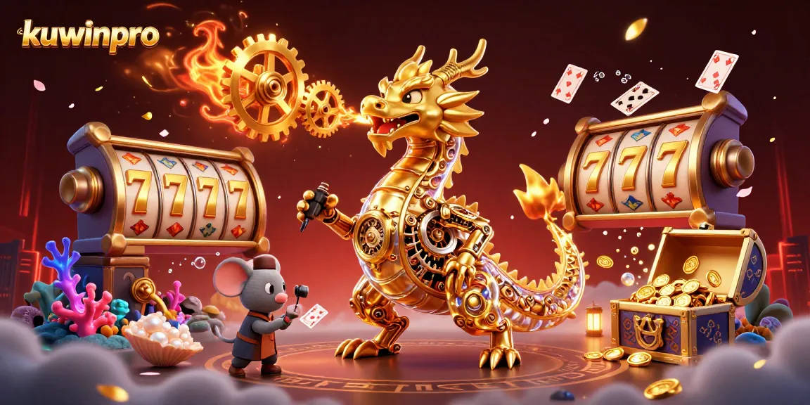 Engage with kuwinpro as the golden dragon breathes gears amidst slot reels and treasure chests.