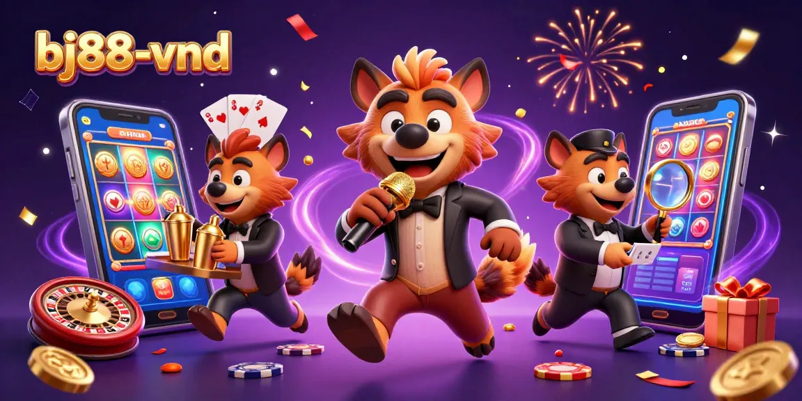 Experience fun at bj88-vnd with animated hyenas in a vibrant casino scene featuring slots and drinks.