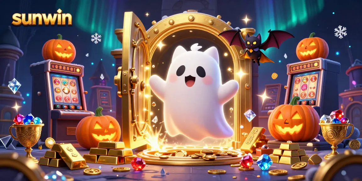 Engage in the thrilling world of sunwin as a ghost cat and a bat explore a vibrant haunted casino.