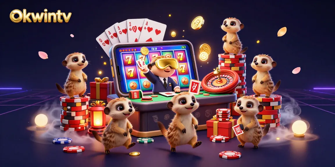 Engage with okwintv at an energetic casino scene with meerkats, slot games, and dynamic details.