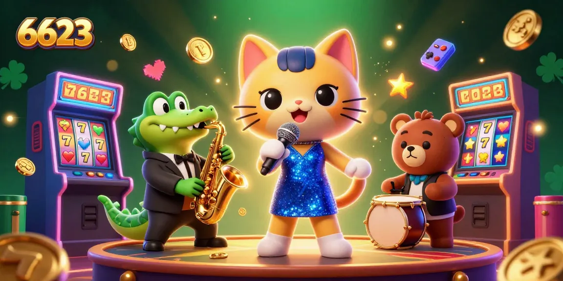 Engage with the vibrant casino atmosphere at 6623, featuring colorful slot elements and lively characters in a dynamic scene.