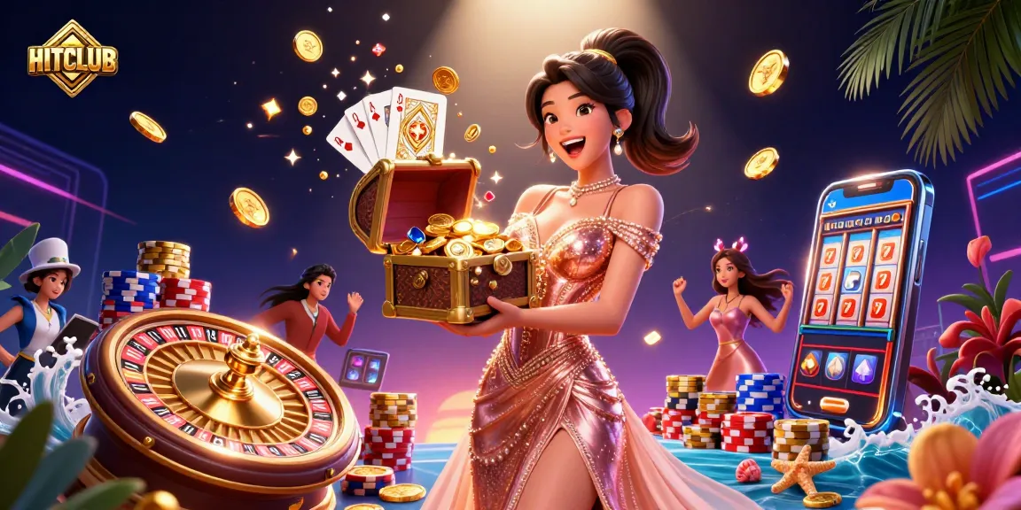 Experience the thrill of HITCLUB with vibrant treasures, spinning roulette, and exciting casino elements.