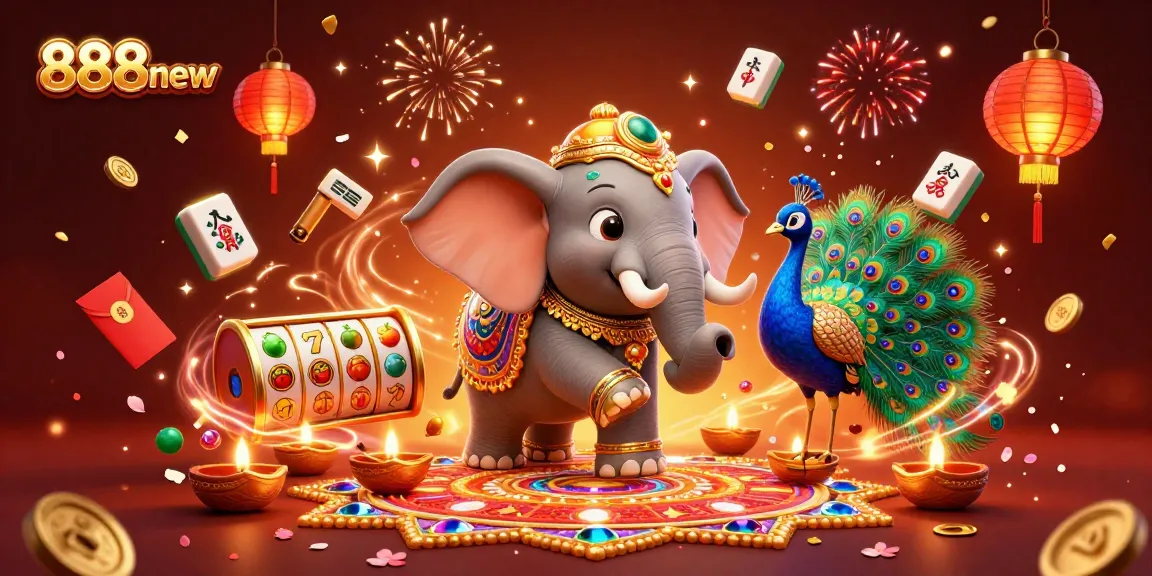 Engage in thrilling slot experiences at 888new with vibrant visuals featuring an elephant and peacock amidst festive elements.