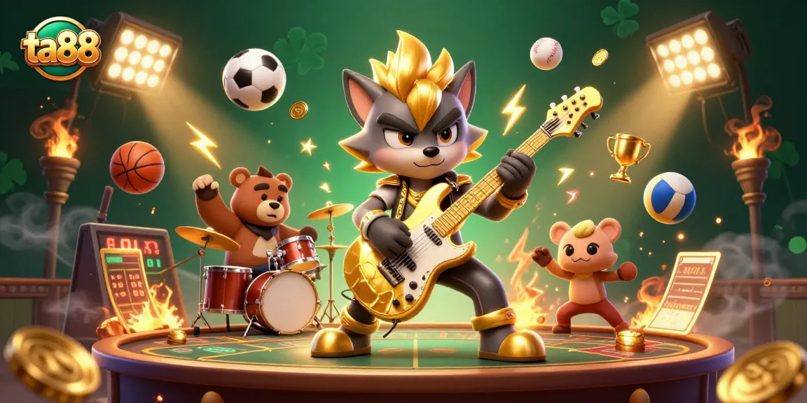 Experience thrilling ta88 action with a 3D cartoon wolf and bear in a dynamic casino scene.