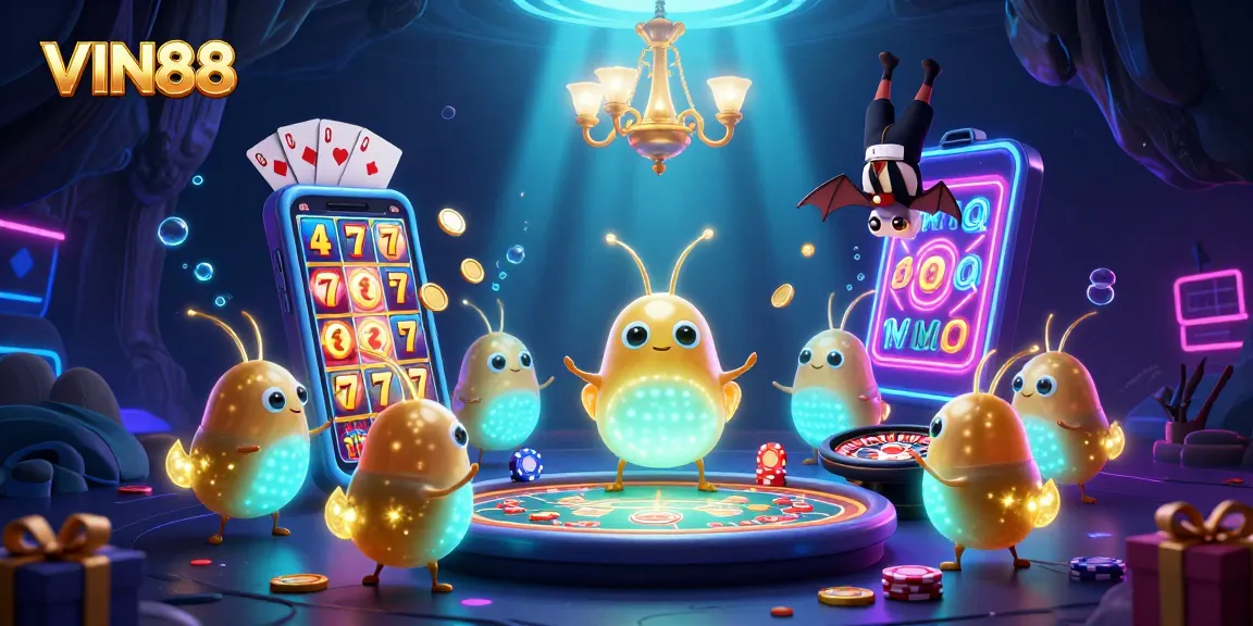 Light up your gameplay with VIN88's enchanting cave casino, featuring vibrant glowworms and dynamic slot games.