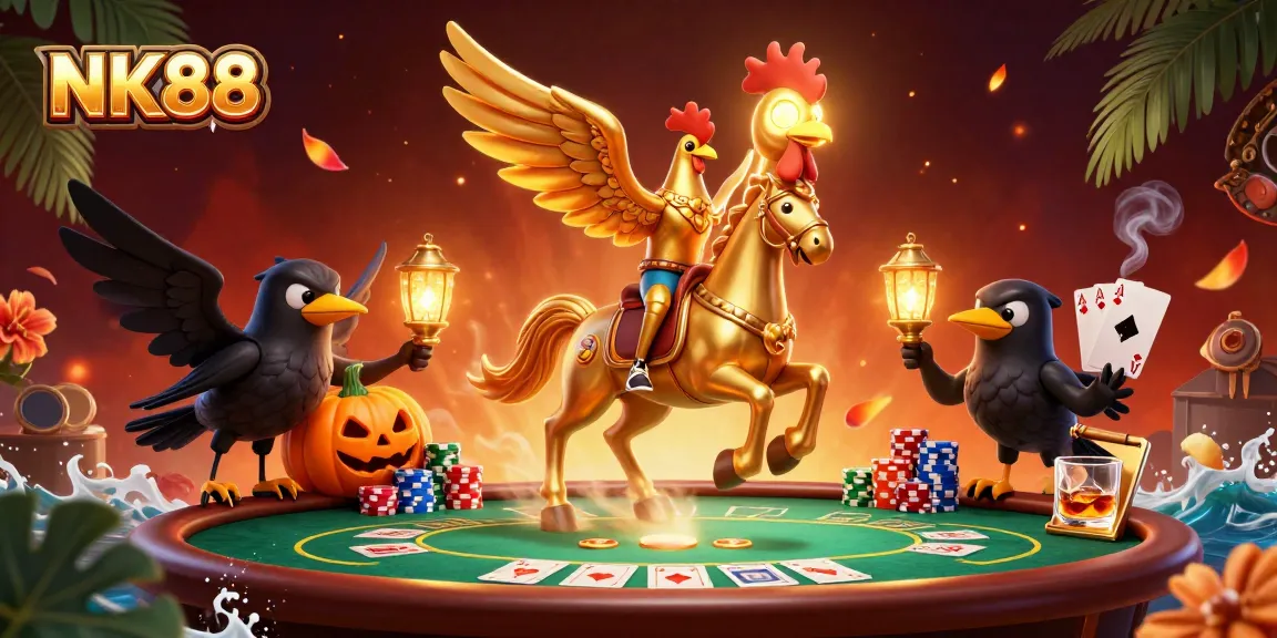 Experience excitement at NK88 with a golden rooster and magical ambiance amidst vibrant casino elements.