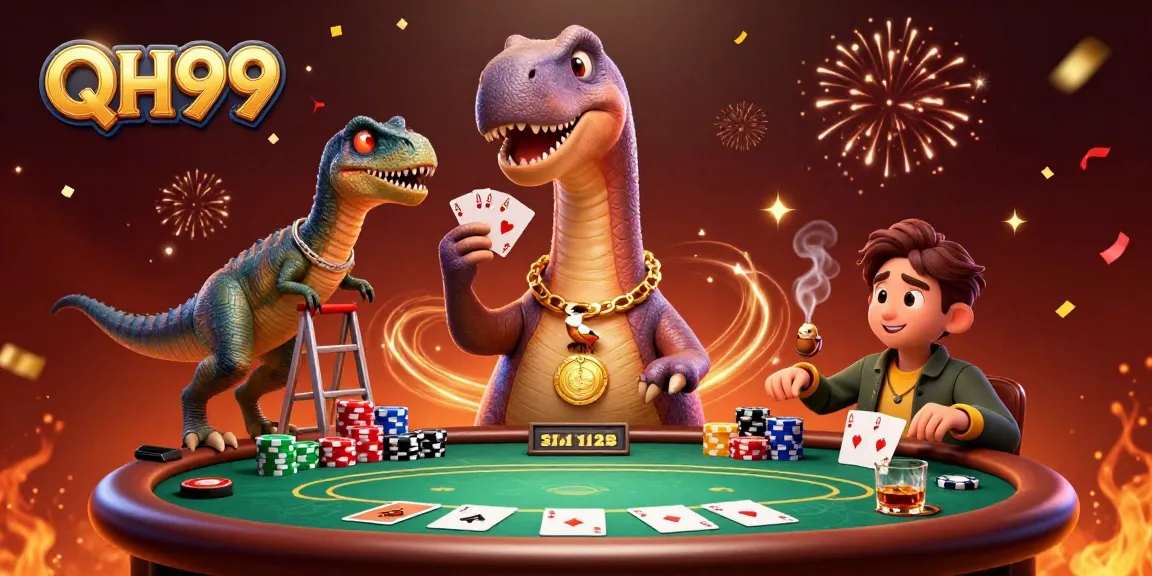 Engage in thrilling bets at QH99 with an imaginative poker scene featuring a playful brontosaurus.