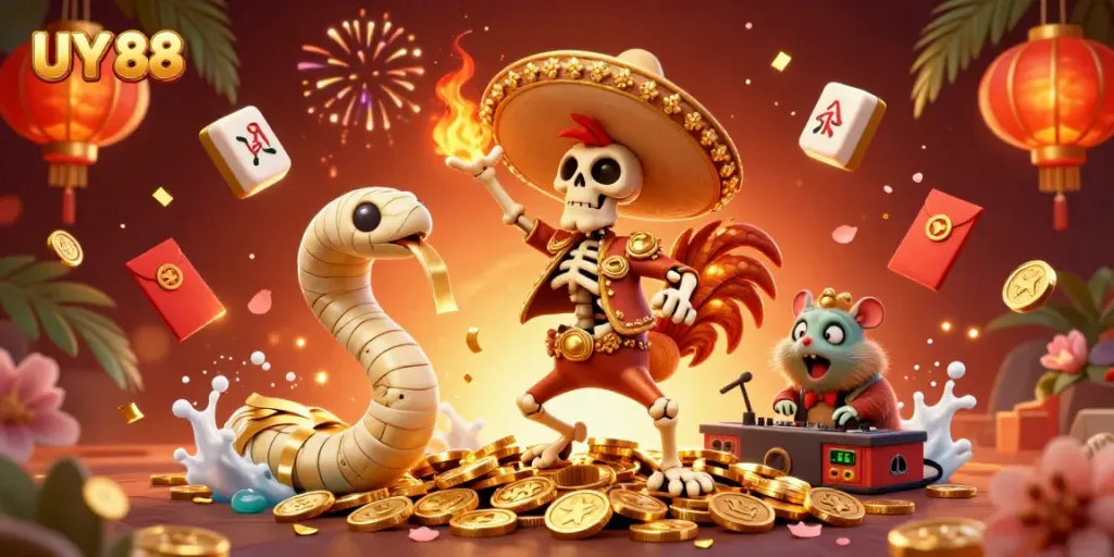 Experience the vibrant online casino world with UY 88 where a mariachi rooster dances on golden coins amidst festive elements.
