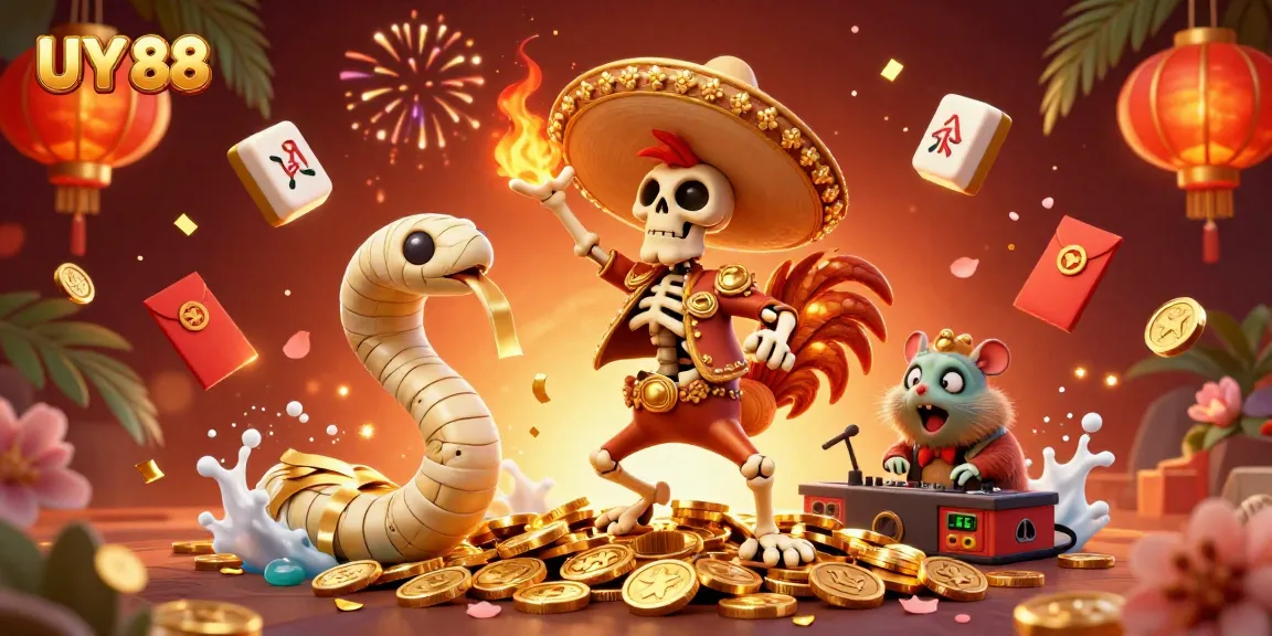 Experience the vibrant online casino world with UY 88 where a mariachi rooster dances on golden coins amidst festive elements.