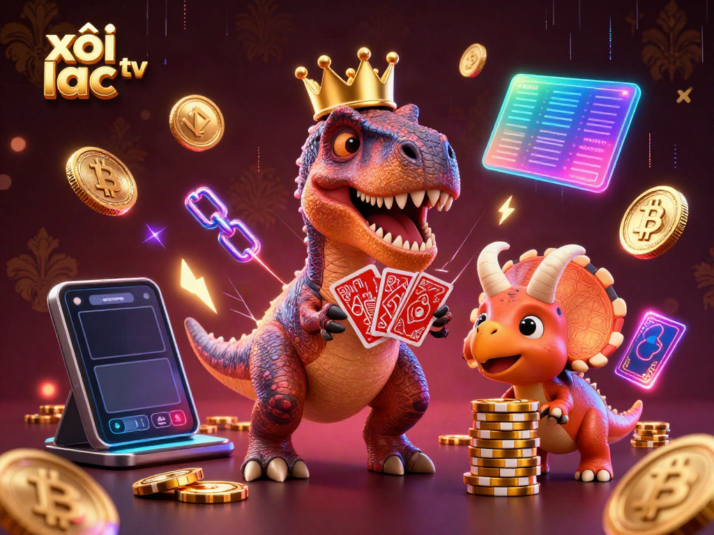 Experience thrilling gameplay with xôi lạc tv, where a T-Rex shuffles cards amidst vibrant crypto elements.