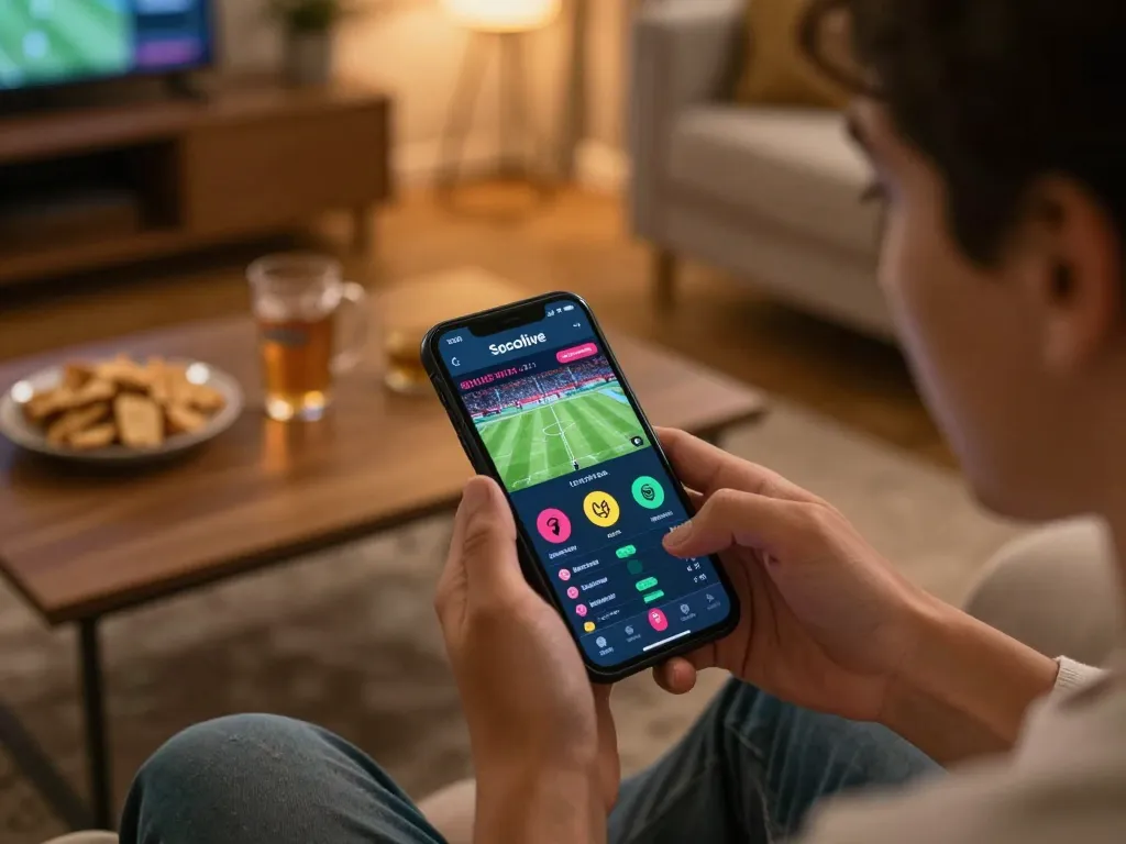 Engaged user betting on Socolive app while enjoying a cozy home view