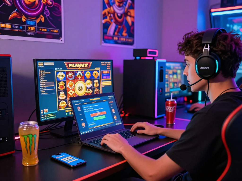 Engaged player on https://rokok88.hot enjoying an online slot game with vibrant decor.