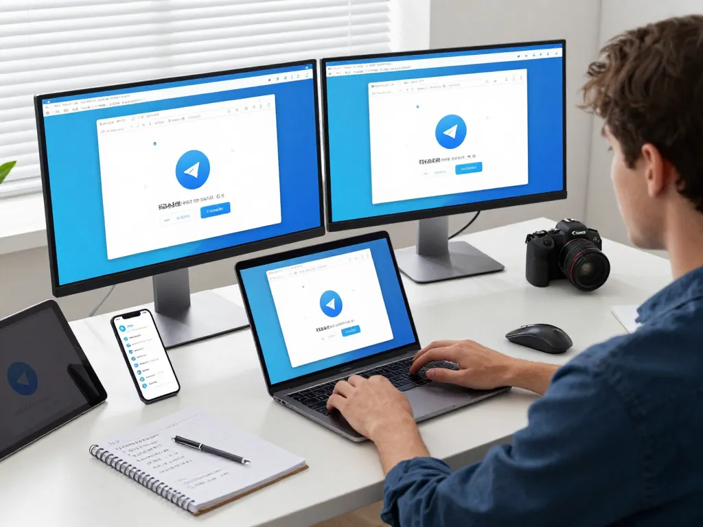 一名用户在现代工作空间中设置其笔记本电脑上的 Telegram 中文。