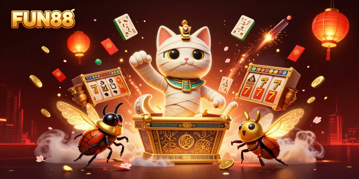 Experience thrilling FUN88 adventure with a mummy cat and golden treasures in a vibrant casino.