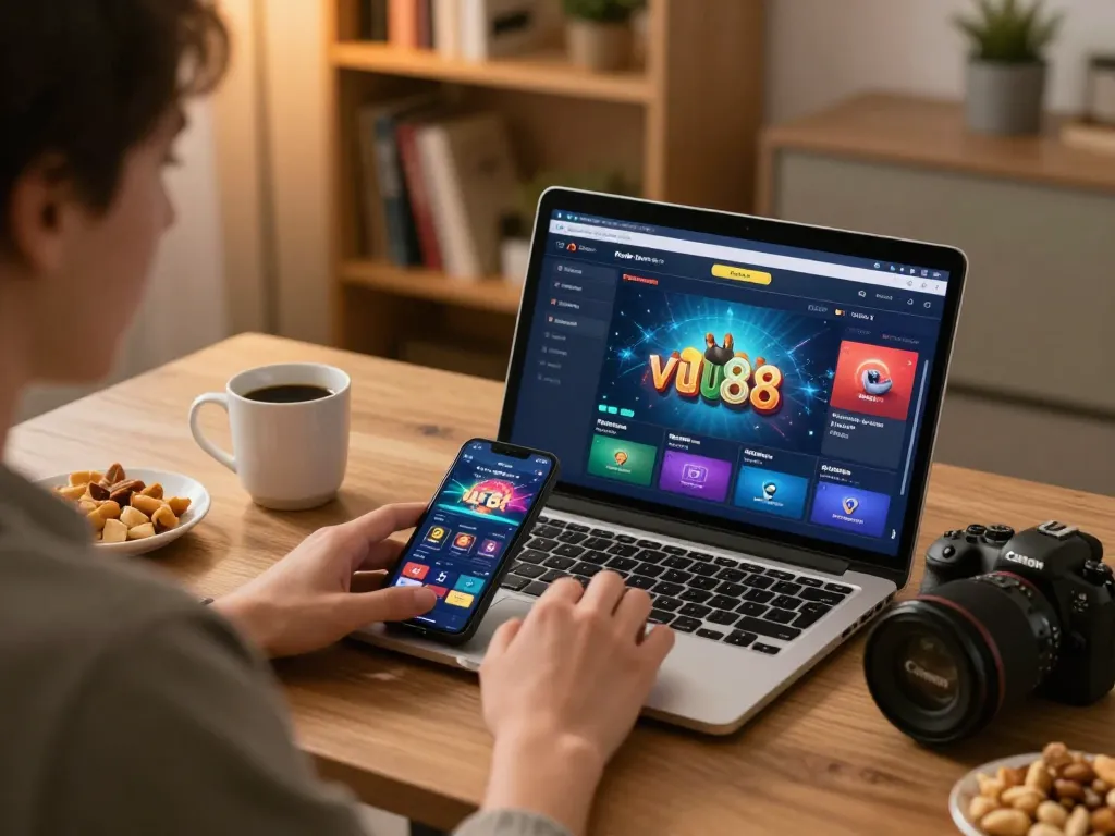 Engaged player utilizing vu88 online casino interface on a laptop in a cozy home setting